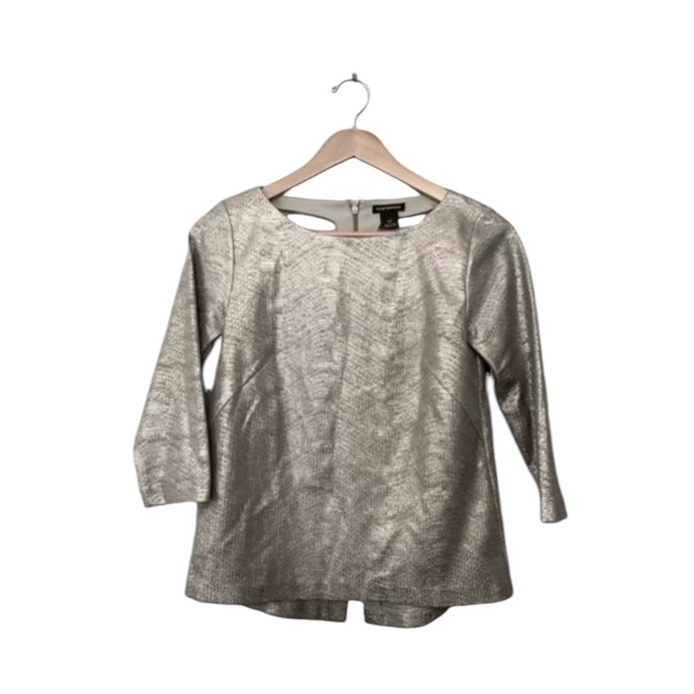 CLUB MONACO Silver Foil 3/4 Sleeve Split-Back Top